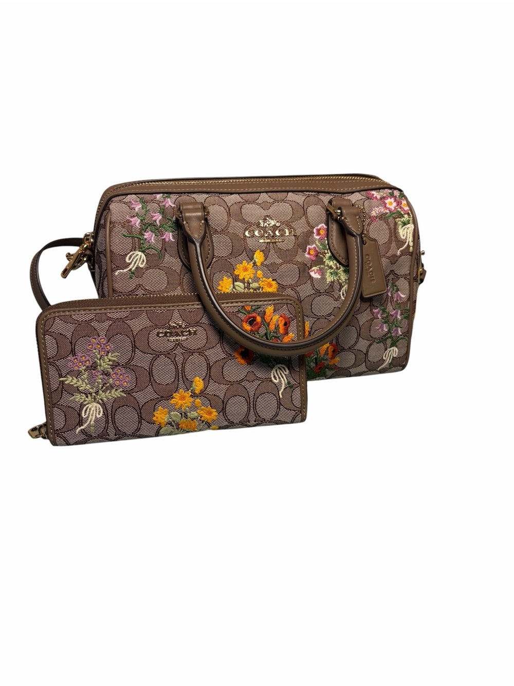 Coach Rowan Brown Floral Embroidered Signature Jacquard Satchel with Wallet Set